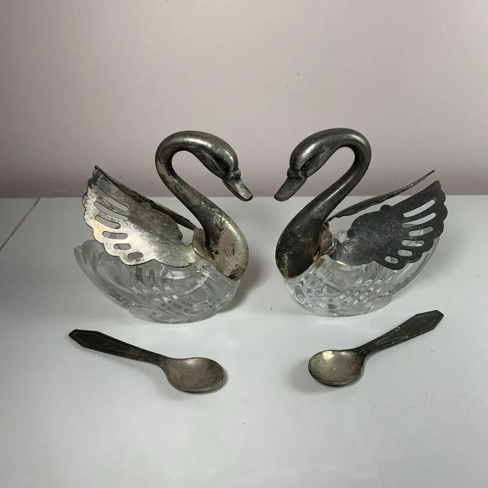 Swan Salt Cellar Silver Plated With Spoons Crystal Glass Tableware Collectible